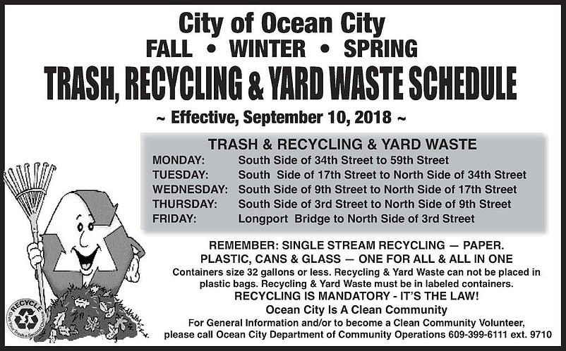 Ocean City's trash and recycling collection schedule for fall, winter and spring.