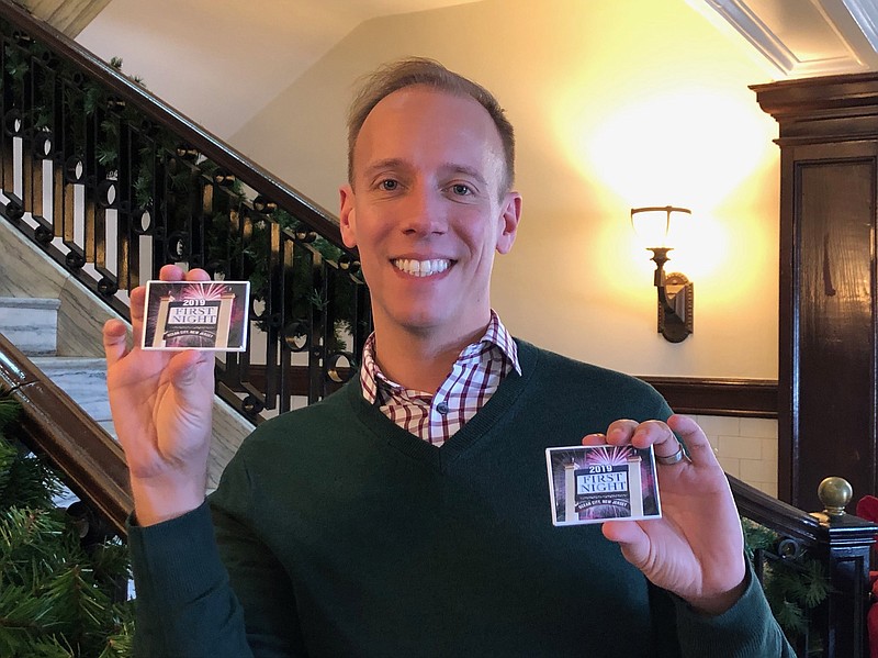 Ocean City Special Events Coordinator Michael Hartman holds 2019 First Night buttons and urges people to buy them soon. (Photos courtesy City of Ocean City)