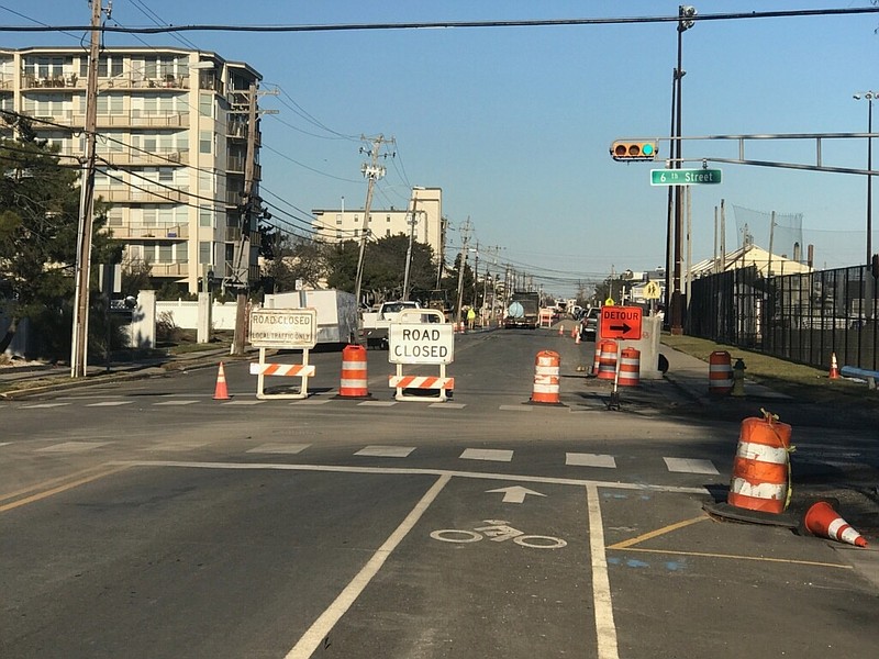 Detours continue on Bay Avenue at the intersection of Sixth Street for construction work on the drainage project.