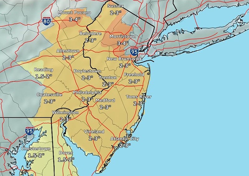 National Weather Service map shows projected rainfall totals for New Jersey.