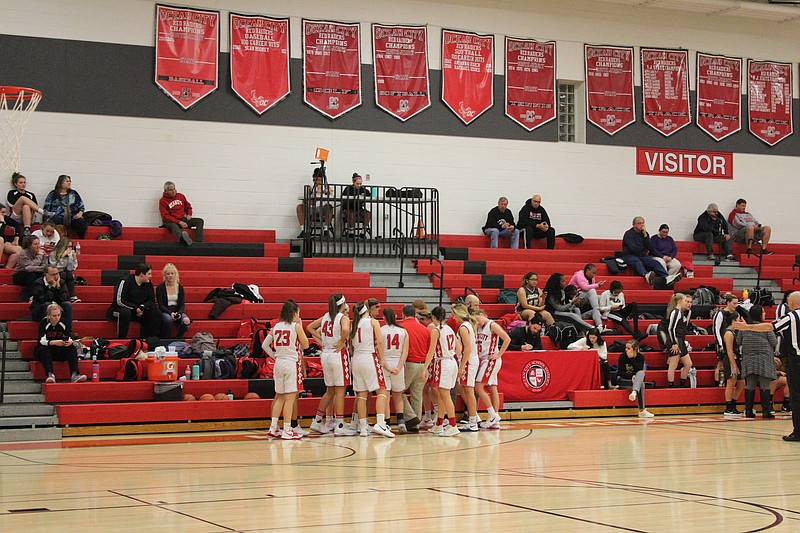 During a timeout, the Red Raiders gets coached up.