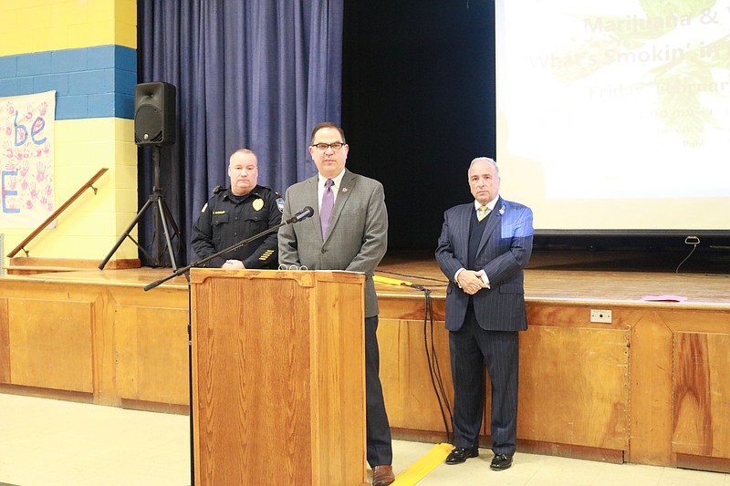 Cape May County Prosecutor Jeffrey Sutherland, middle, with Chief Tom McQuillen, left, and Freeholder and Sea Isle City Mayor Leonard Desiderio at a drug and vaping symposium.