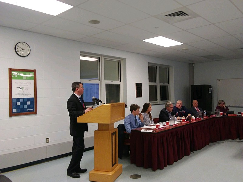 School Business Administrator Timothy Kelley presents a budget for the 2019-20 school year during a meeting Wednesday night.