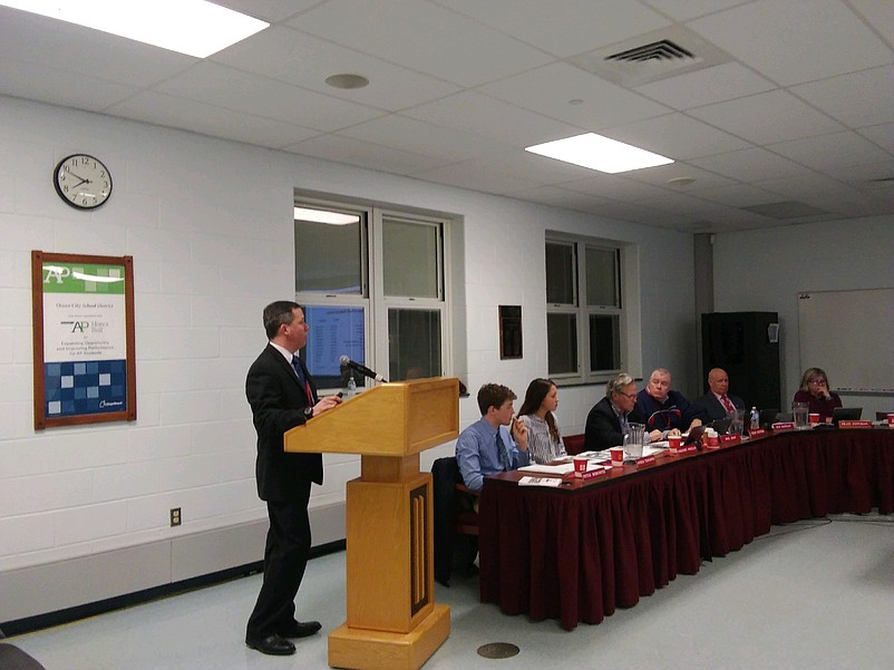 School Business Administrator Timothy Kelley presents a budget for the 2019-20 school year during a meeting Wednesday night.