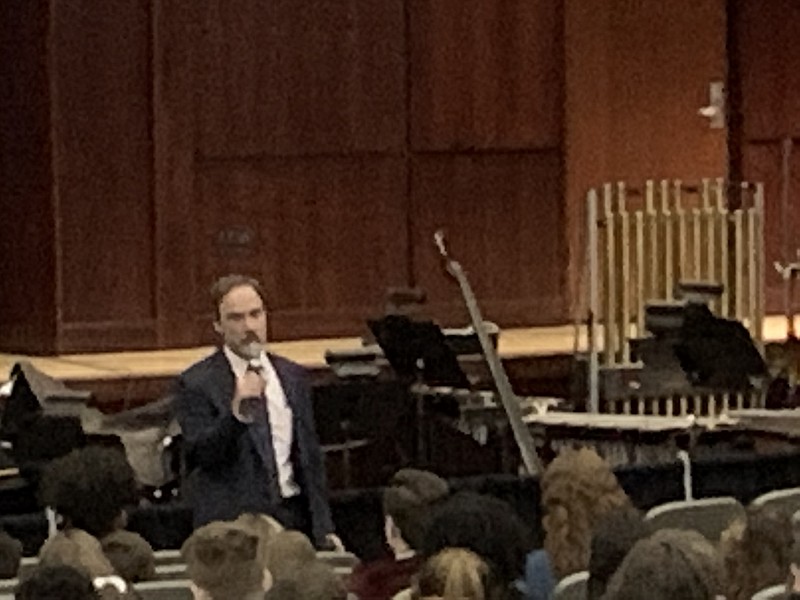 Joel Feldman talks to Ocean City High School students at one of two recent assemblies. (Photos courtesy Ocean City Police Lt. Brian Hopely)