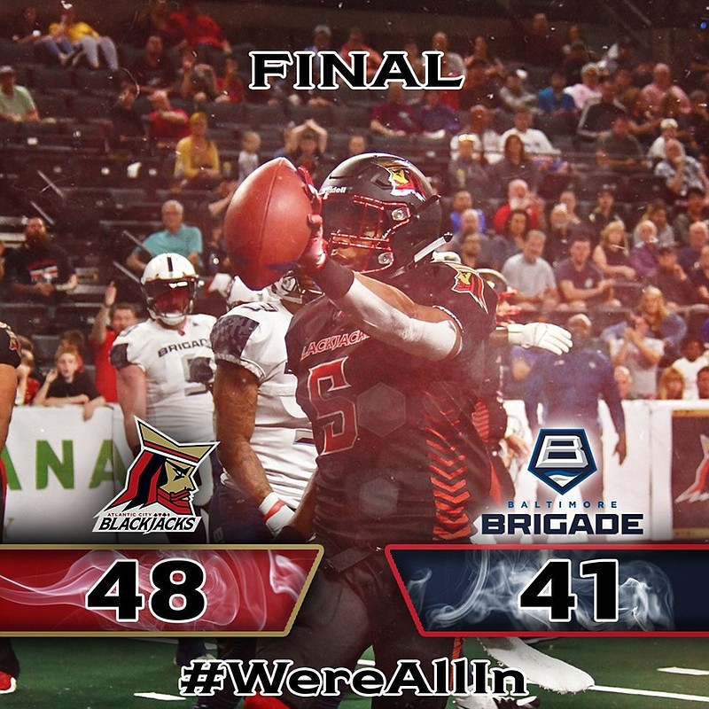 The Atlantic City Blackjacks improve their record to 2-2 with a victory over the Baltimore Brigade in an Arena Football League matchup.