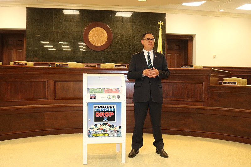 Cape May County Prosecutor Jeffrey Sutherland talks about the importance of the medicine drop boxes during a May press conference.