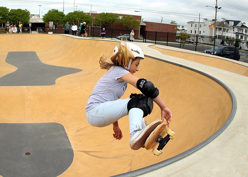 Chica de Mayo founder Zoe Herishen, 12, gets some air Saturday at the Ocean City Skatepark.