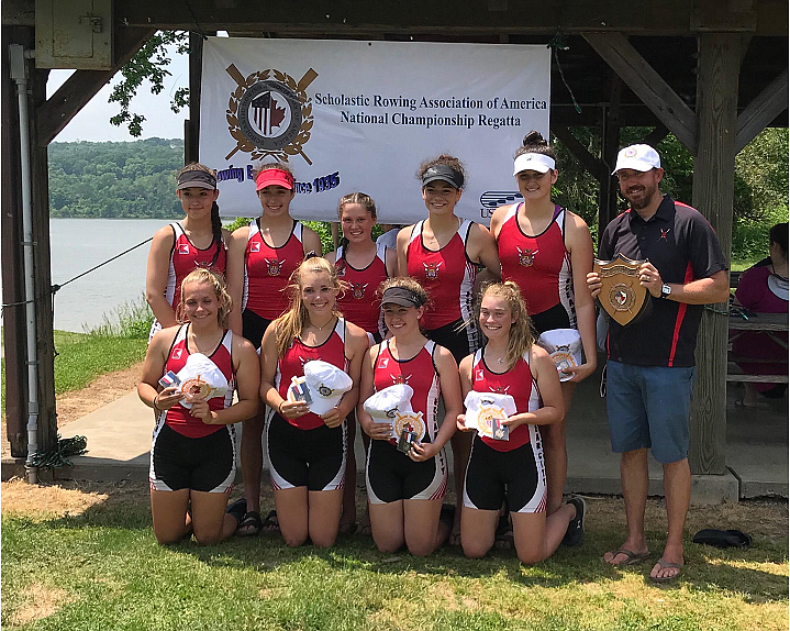 Coxswain McKenzie Thurlow and Stroke: Ryleigh Mack, Alexis O’Keefe, Vanessa Karayiannis, Michaela Carroll, Julianna Giardina, Maggie Clunn, Carly Dougherty and Alexia Schmidt with Coach Ian Tapp.