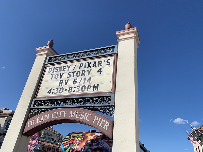 The sign in front of the Ocean City Music Pier announces the arrival of the "Toy Story 4" RV.