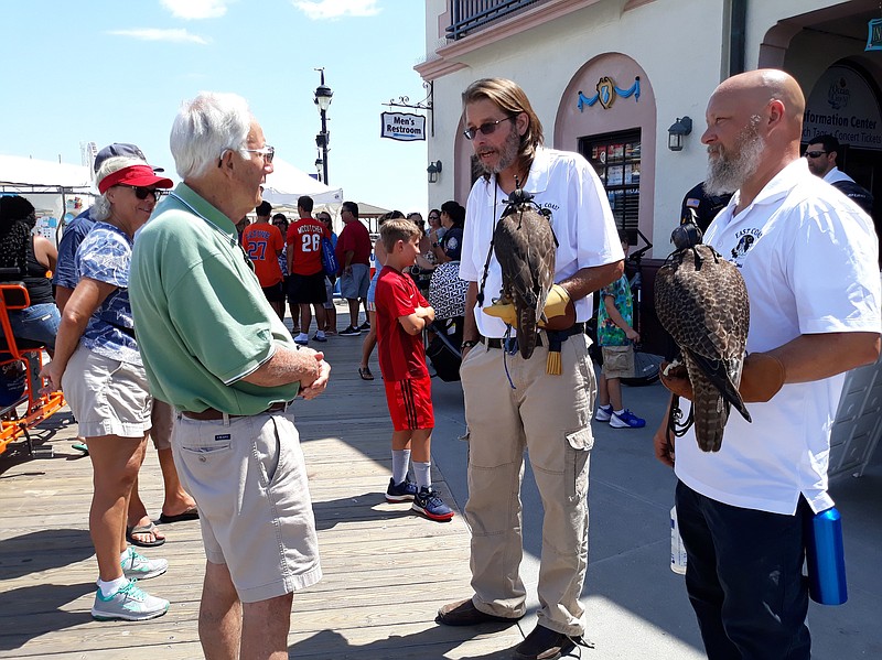 Jack Masters, a summer resident in Ocean City, speaks to falconers Erik Swanson, center, and P.J. Simonis about the raptors that will patrol the skies.