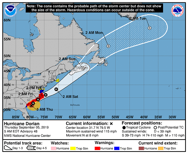 The projected track of Hurricane Dorian shows it remaining well offshore of New Jersey. (Courtesy of National Weather Service)