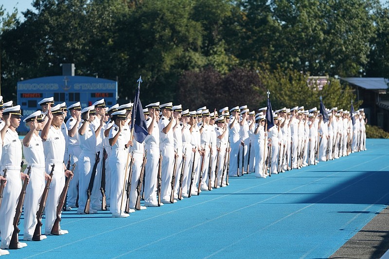 New midshipmen are sworn in at the U. S. Naval Reserve at the United States Merchant Marine Academy. (Photo courtesy of (USMMA)