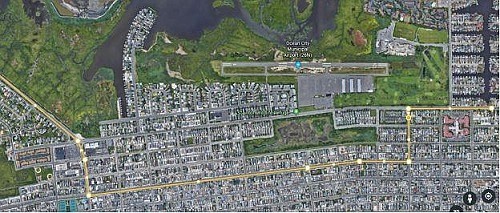 Map depicts the Bay Avenue construction zone in yellow and the detour route.