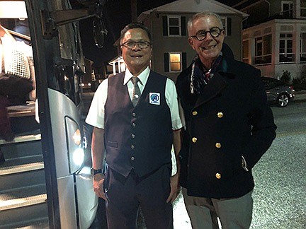 Jack Devine (right) and bus driver Juanito Mendez, thank the group as they exit the bus back at the OCAC.