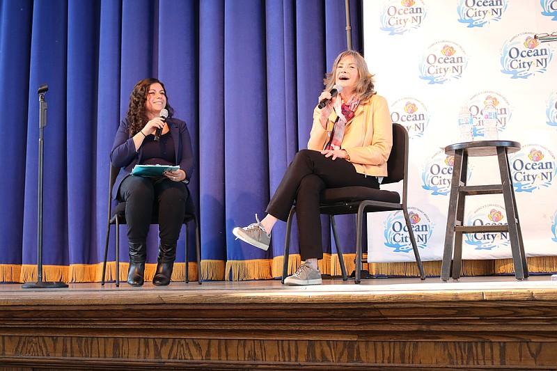 Author Delia Owens, right, with Julie Howard, of the Ocean City Free Public Library, takes questions from the audience at the Music Pier. 