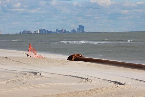 Pipe has been laid from a dredge anchored off Corson's Inlet to the beach between 58th and 59th streets as the project prepares to get underway. (Photo courtesy City of Ocean City)