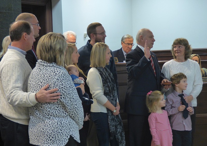 Surrounded by his family, Freeholder Director Gerald M. Thornton takes the oath of office. (Photos courtesy of Cape May County)