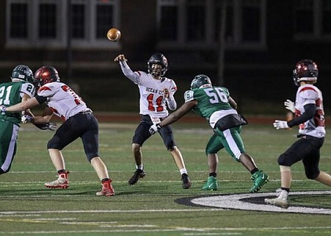 Quarterback Joe Repetti, who returns for the Red Raiders in 2020, uncorks a pass against Long Branch in last year’s state playoffs.