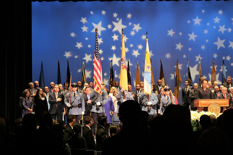 The State Police Color Guard presents the colors.