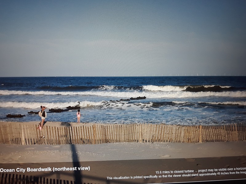 This rendering depicts the Ocean City view of the proposed wind farm on the horizon, 15 miles offshore. The white turbine blades are visible in the distance. (Rendering courtesy of Orsted)