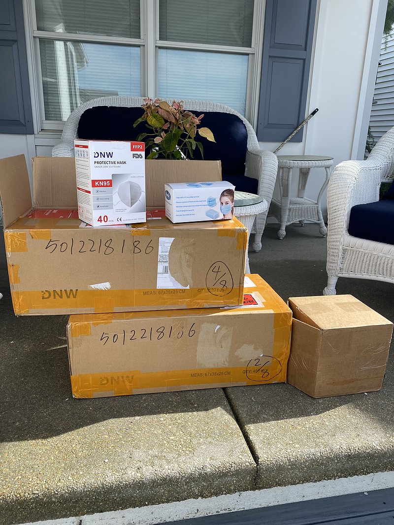 Boxes of hospital grade protective masks purchased with the proceeds of a local crowdfunding campaign await pick-up at an area hospital. (Photo courtesy Billy Godfrey)