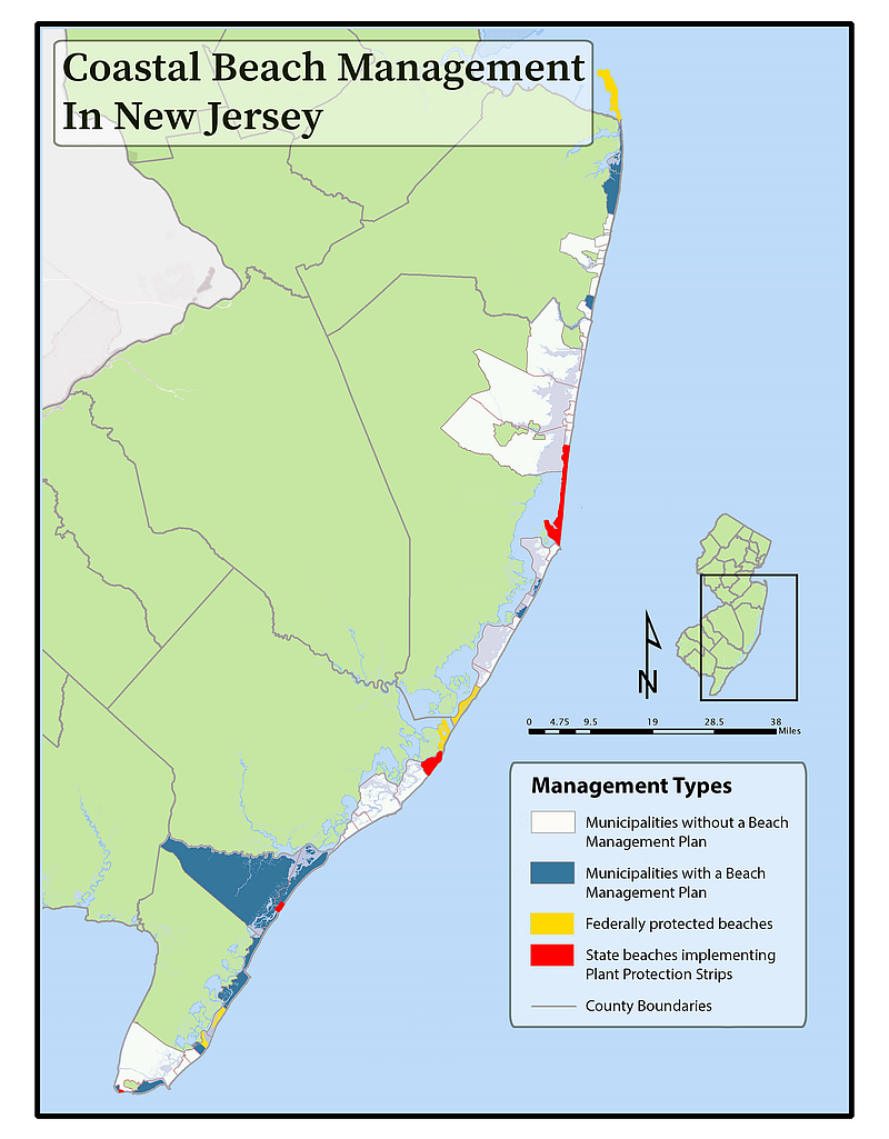 This graphic by the Pinelands Preservation Alliance shows the different areas of the New Jersey coast that have beach management plans.