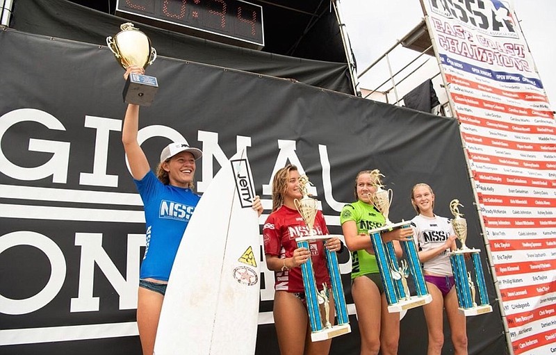 Mia Gallagher, 14, of Ocean City, left, took top honors winning the Open Women's Title. (Photos provided by  National Scholastic Surfing Association)