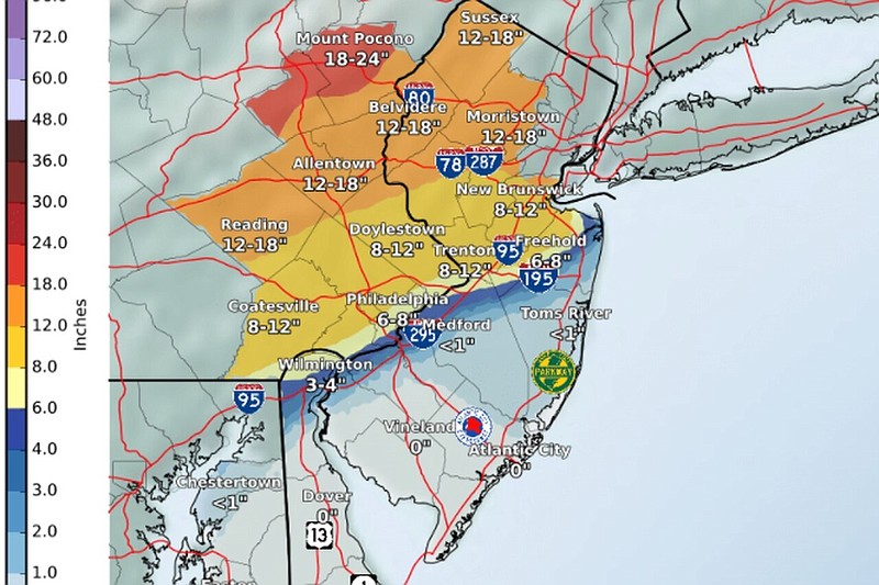 The shore is expected to escape the heavy snowfall that will hit other parts of New Jersey during the storm. (Courtesy of National Weather Service)