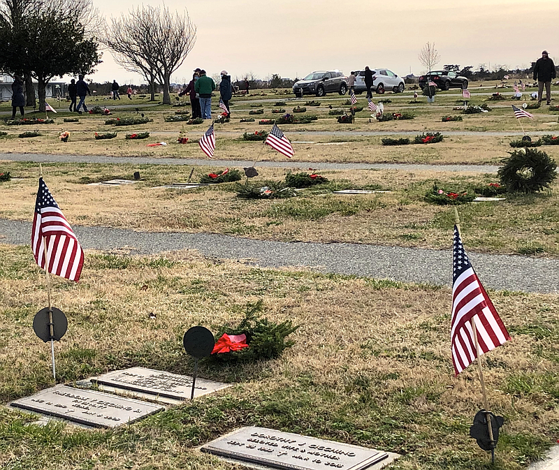 Ceremonial wreaths adorn gravesites at the Gerald M. Thornton Veterans Cemetery of Cape May County.