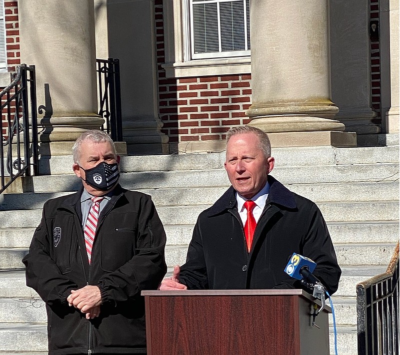 U.S. Rep. Jeff Van Drew, right, speaks at a March 15 press conference denouncing the Sentinel while Cape May County Sheriff Bob Nolan listens. (Photo courtesy of Van Drew for Congress)