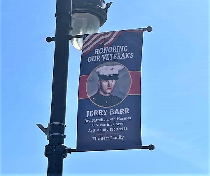 A sample military banner for Jerry Barr, a late Marine who served in Vietnam, was hung up on the Ocean City Boardwalk as part of an experimental program in 2021 called "Honoring Our Veterans." (Photo courtesy of Bob Barr's Facebook page)