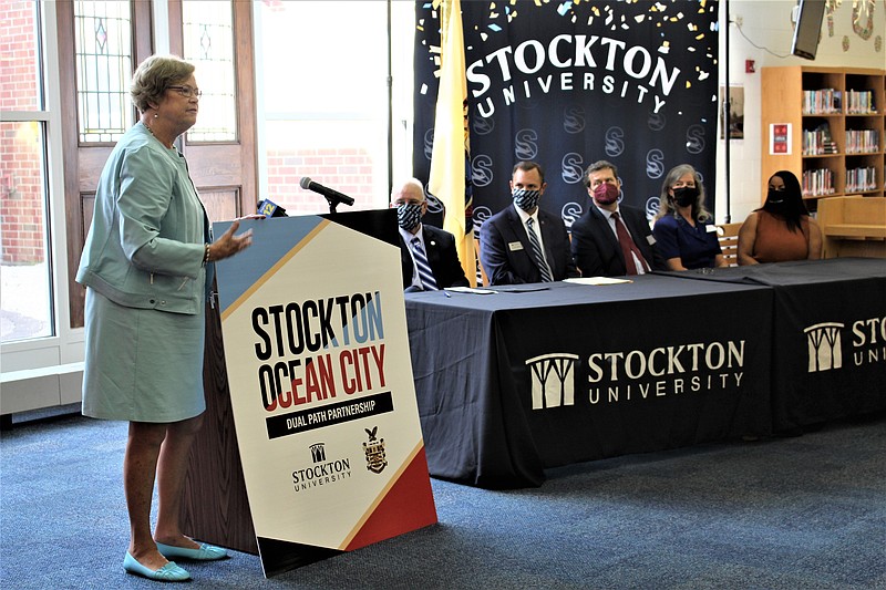 From left, Ocean City Schools Superintendent Kathleen Taylor, Stockton University President Harvey Kesselman and Stockton staff members Robert Heinrich, Robert Gregg, Claudine Keenan and Heather Medina announce the new agreement. (Photo courtesy of Stockton University)