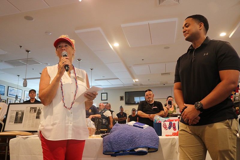 Cape May County Commissioner Marie Hayes speaks during an American Legion event in the summer of 2021. 