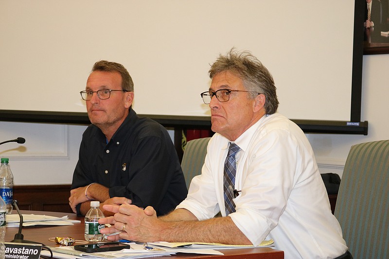 Mayor Jay Gillian, left, and City Business Administrator George Savastano take questions from Council about the capital projects.