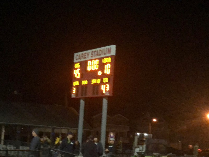 The scoreboard at Carey Stadium shows the final outcome.