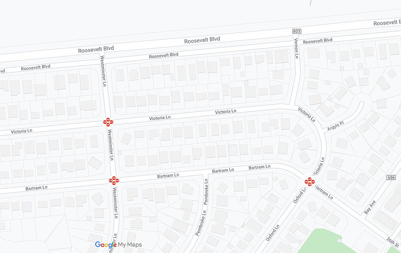 This map shows the three intersections where new four-way stop signs have been installed in the Merion Park neighborhood. (Courtesy of Ocean City)