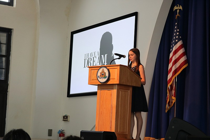 Intermediate School student Sydney Halliday reads her award-winning essay on Martin Luther King.