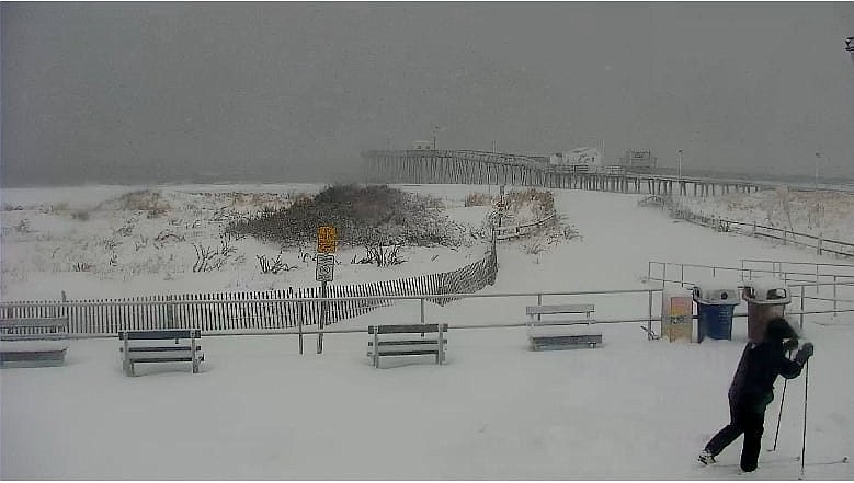 The storm brings the unusual sight of a skier moving down the Boardwalk. (Photo courtesy of Kevin Kramer on Facebook)