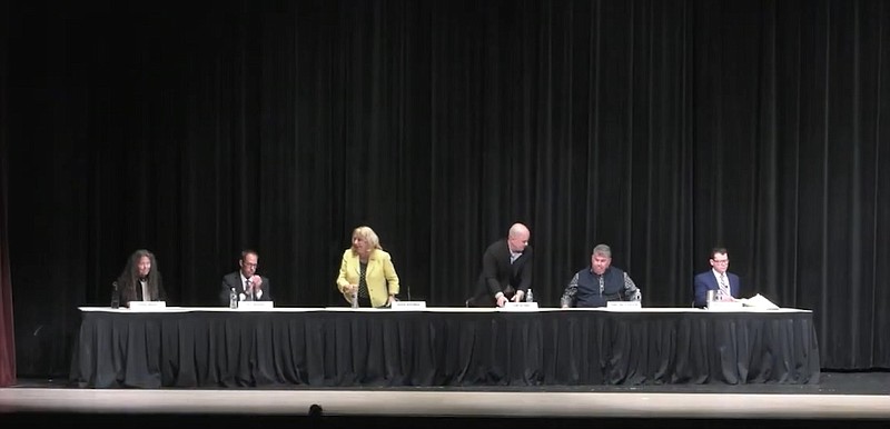 City Council candidates from left, Donna Moore, Pete Madden, Karen Bergman, Tom Rotondi, John "Tony" Polcini and Mike DeVlieger take the stage at the Performing Arts Center. (Photo courtesy of Just Right TV Productions and the Ocean City Sentinel)