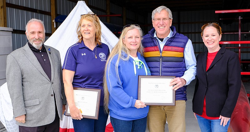 From left, Commissioner Leonard Desiderio, Commissioner E. Marie Hayes, Suze DiPietro, Commissioner Will Morey and Erica Fisher during the boathouse ceremony. (Photo courtesy of Suze DiPietro)