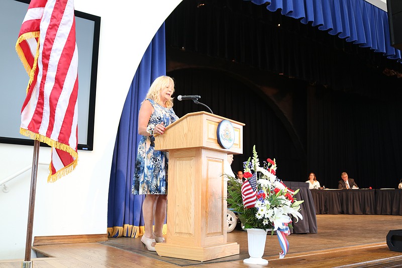 Councilwoman Karen Bergman addresses the audience at the Music Pier.