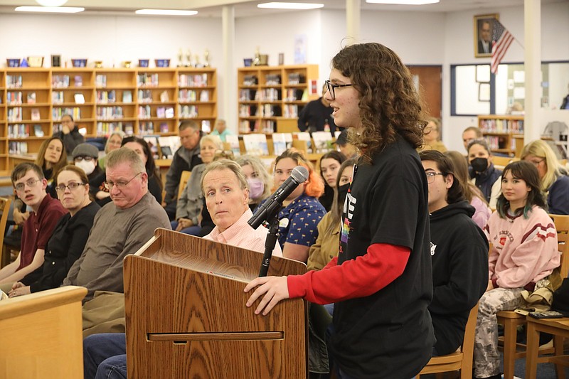 Jakob Pender, 18, a 2022 high school graduate, addresses the board about the importance of the PRISM Club. (Photo courtesy of Martin Fiedler, Just Right TV Productions)