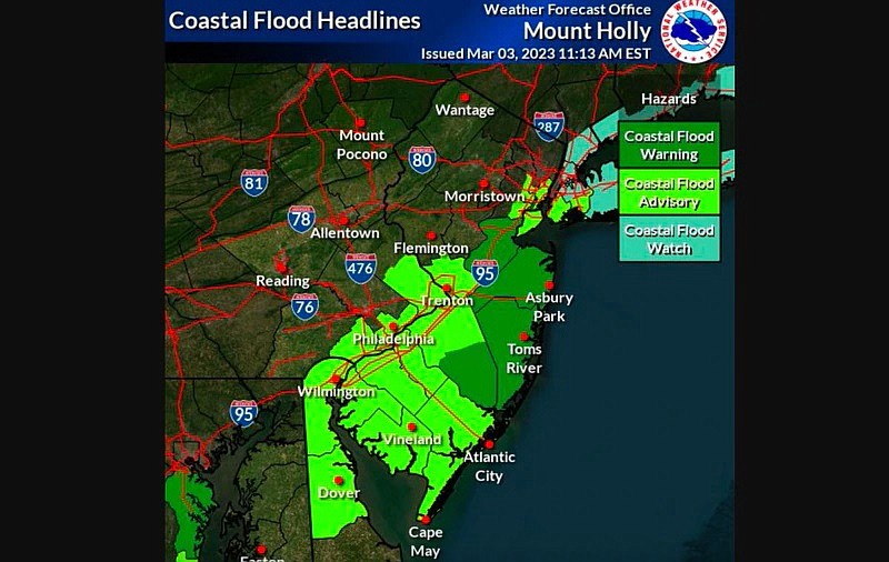 National Weather Service graphic depicts areas in New Jersey that are expected to have flooding on Saturday.