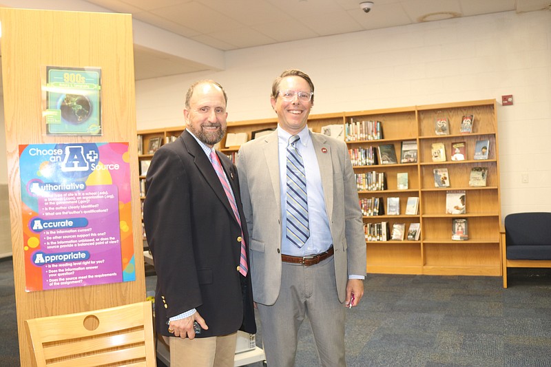 Former Schools Superintendent Matthew Friedman, right, with Board of Education Vice President Joe Clark during an April meeting.