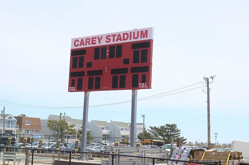 The donation of a new scoreboard is in the works for Carey Stadium at Ocean City High School. Pictured is the existing, antiquated scoreboard.