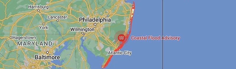 Map depicts New Jersey's Coastal Flood Advisory zone.