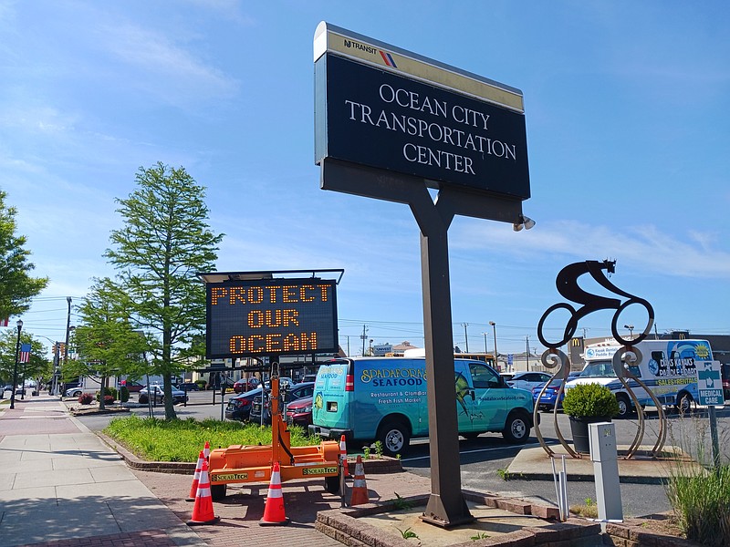 A sign next to the Ocean City Transportation Center denounces wind farms. 