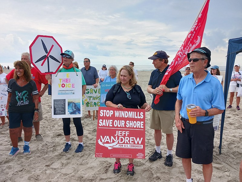 During a rally in September, protesters gather on the 35th Street beach in Ocean City to denounce Orsted's then-proposed offshore wind farm.