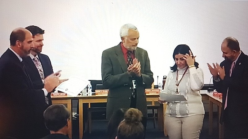 From left, Dr. Scott McCartney, Chris Halliday, Robin Shaffer, Cecilia Gallelli-Keyes and Joe Clark during the recognition ceremony.